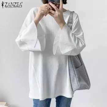 ZANZEA Женская повседневная блузка свободного кроя с круглым вырезом и оборками, рукав 3/4 S белый