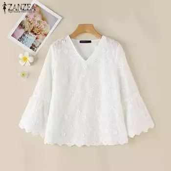 ZANZEA Женская повседневная свободная кружевная блузка с V-образным вырезом и вязанным крючком L белый