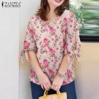 ZANZEA Женская повседневная блузка свободного кроя с коротким рукавом и цветочным принтом S синий