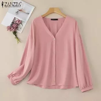ZANZEA Женская повседневная блузка свободного кроя с V-образным вырезом и длинными рукавами M хаки