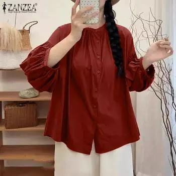 ZANZEA Женская повседневная блузка свободного кроя с круглым вырезом и длинным рукавом S белый