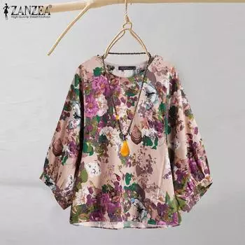 ZANZEA Женская повседневная блузка свободного кроя с цветочным принтом и рукавом 3/4 XL розовый