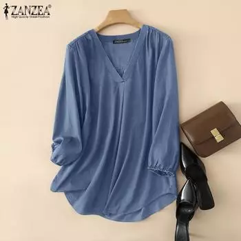 ZANZEA Женская повседневная блузка свободного кроя с V-образным вырезом и рукавом 3/4 S темно-синий