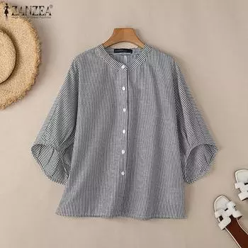 ZANZEA Женская повседневная блузка свободного кроя с полосатым принтом и круглым вырезом, рукавом 3/4 S чёрный