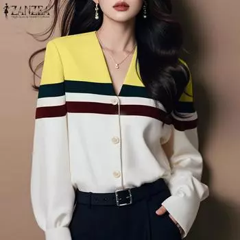 ZANZEA Женская повседневная блузка свободного кроя с V-образным вырезом и длинным рукавом M жёлтый