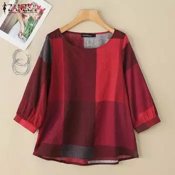 ZANZEA Женская повседневная блузка свободного кроя с круглым вырезом и рукавом 3/4 в клетку XL коричневый