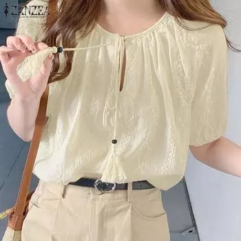 ZANZEA Женская повседневная блузка свободного кроя с вышивкой и коротким рукавом в стиле пэчворк S бежевый