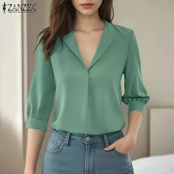 ZANZEA Женская повседневная блузка свободного кроя с V-образным вырезом и рукавом 3/4 4XL зелёный