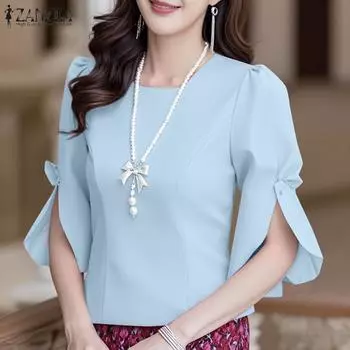 ZANZEA Женская повседневная блузка свободного кроя с круглым вырезом и разрезом на рукаве 3/4 S