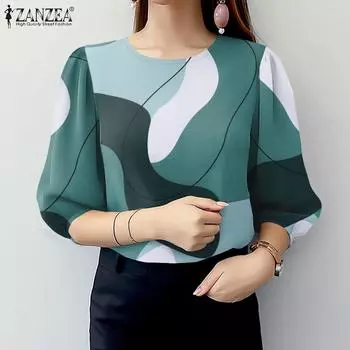 ZANZEA Женская повседневная блузка свободного кроя с рукавом три четверти и принтом S чёрный