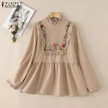 ZANZEA Женская повседневная блузка свободного кроя с длинным рукавом и цветочной вышивкой S белый