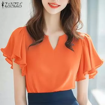 ZANZEA Женская повседневная блузка свободного кроя с коротким рукавом и V-образным вырезом S оранжевый