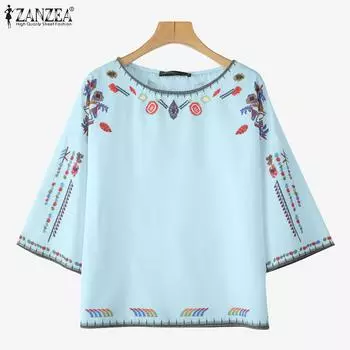 ZANZEA Женская повседневная блузка свободного кроя с круглым вырезом и рукавом 3/4 в народном стиле L белый