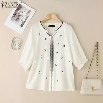 ZANZEA Женская повседневная блузка свободного кроя с V-образным вырезом и рукавом 3/4 S абрикосовый