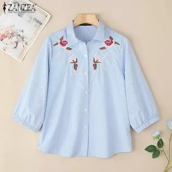 ZANZEA Женская повседневная блузка свободного кроя с цветочной вышивкой и полосками, рукав 3/4 S чёрный