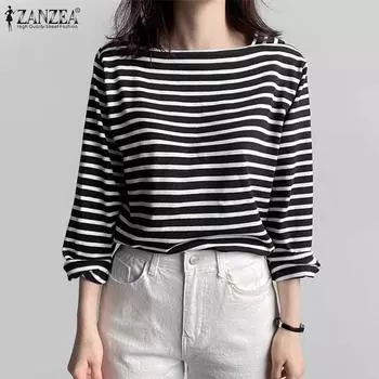 ZANZEA Женская повседневная блузка в полоску с квадратным воротником и длинными рукавами M чёрный