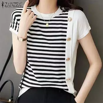 ZANZEA Женская повседневная блузка в полоску с круглым вырезом и короткими рукавами 4XL чёрный