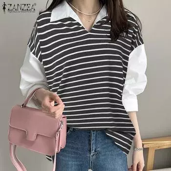 ZANZEA Женская повседневная блузка в полоску с v-образным вырезом и длинными рукавами S чёрный