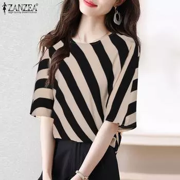 ZANZEA Женская повседневная блузка в полоску с круглым вырезом и короткими рукавами 2XL жёлтый