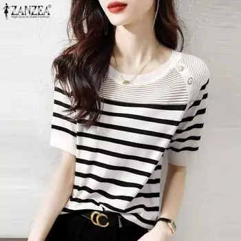 ZANZEA Женская повседневная блузка в полоску с круглым вырезом и короткими рукавами S чёрный
