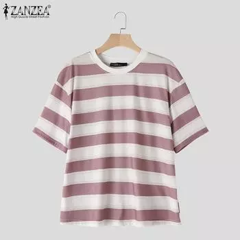 ZANZEA Женская повседневная блузка в полоску с круглым вырезом и короткими рукавами M розовый