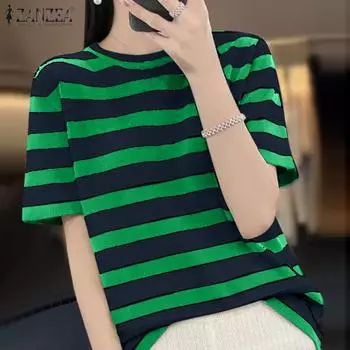 ZANZEA Женская повседневная блузка в полоску с круглым вырезом и короткими рукавами S зелёный