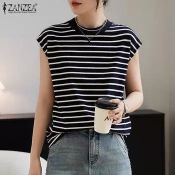 ZANZEA Женская повседневная блузка в полоску с круглым вырезом и короткими рукавами S красный