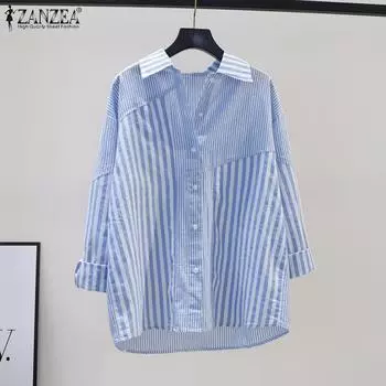 ZANZEA Женская повседневная блузка в полоску с отложным воротником и длинными рукавами S светло-синий