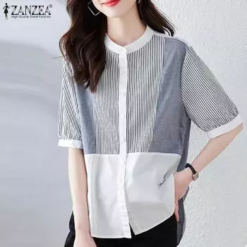 ZANZEA Женская повседневная блузка с круглым вырезом и полосками в стиле пэчворк с коротким рукавом S серый