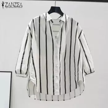 ZANZEA Женская повседневная блузка в полоску с отложным воротником и рукавом 3/4 S зелёный