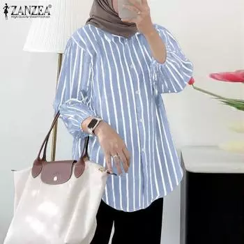 ZANZEA Женская повседневная блузка в полоску с отложным воротником и рукавом девять четвертей S светло-синий