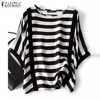 ZANZEA Женская повседневная блузка в полоску с коротким рукавом и круглым вырезом L чёрный