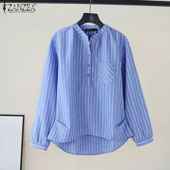 ZANZEA Женская повседневная блузка в полоску с круглым вырезом и длинными рукавами S чёрный