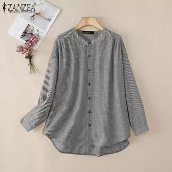 ZANZEA Женская повседневная блузка в полоску с круглым вырезом и длинным рукавом S чёрный