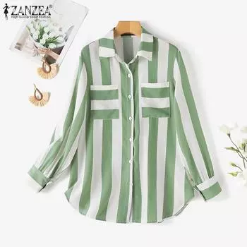 ZANZEA Женская повседневная блузка в полоску с отложным воротником и длинными рукавами S чёрный