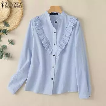 ZANZEA Женская повседневная блузка в полоску с воротником-стойкой и длинными рукавами M синий