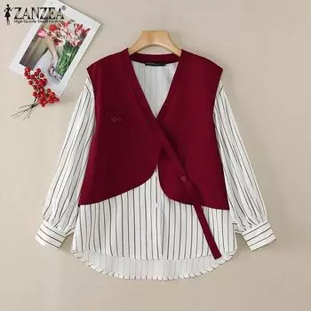 ZANZEA Женская повседневная блузка в полоску с круглым вырезом и длинным рукавом в стиле пэчворк S чёрный