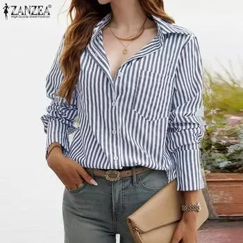 ZANZEA Женская повседневная блузка в полоску с отложным воротником и длинными рукавами S синий