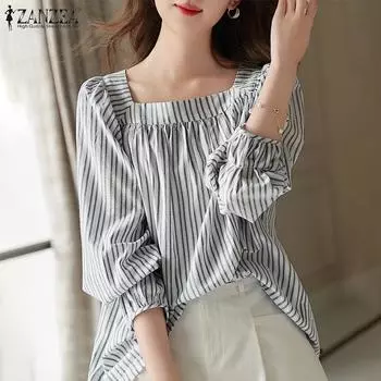 ZANZEA Женская повседневная блузка в полоску с квадратным вырезом и длинным рукавом 5XL темно-синий