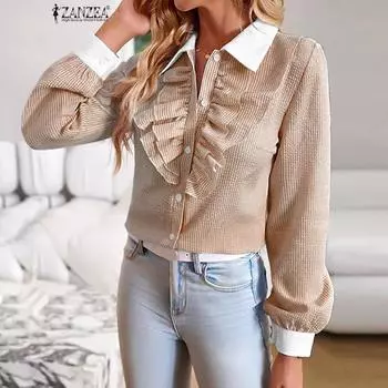 ZANZEA Женская повседневная блузка в полоску с отложным воротником и длинными рукавами S чёрный