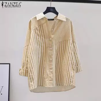 ZANZEA Женская повседневная блузка в полоску с отложным воротником и длинными рукавами M синий