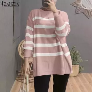 ZANZEA Женская повседневная блузка в полоску с круглым вырезом и длинными рукавами S чёрный
