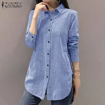 ZANZEA Женская повседневная блузка в полоску с отложным воротником и длинными рукавами S чёрный