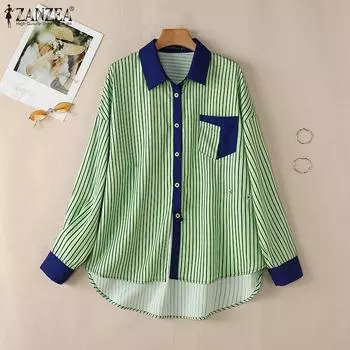 ZANZEA Женская повседневная блузка в полоску с отложным воротником и длинными рукавами S розовый