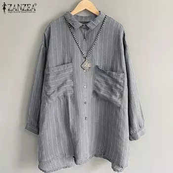 ZANZEA Женская повседневная блузка в полоску с отложным воротником и длинными рукавами S чёрный