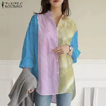 ZANZEA Женская повседневная блузка в полоску с отложным воротником и длинными рукавами S жёлтый