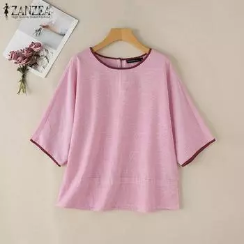 ZANZEA Женская повседневная блузка в полоску с круглым вырезом и рукавом 3/4 S зелёный