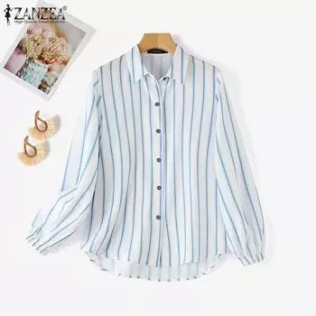 ZANZEA Женская повседневная блузка в полоску с отложным воротником и длинными рукавами S синий
