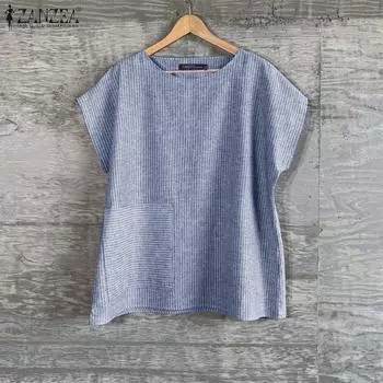 ZANZEA Женская повседневная блузка в полоску с коротким рукавом и круглым вырезом зелёный