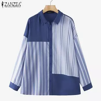 ZANZEA Женская повседневная блузка в полоску с отложным воротником и длинным рукавом M темно-синий